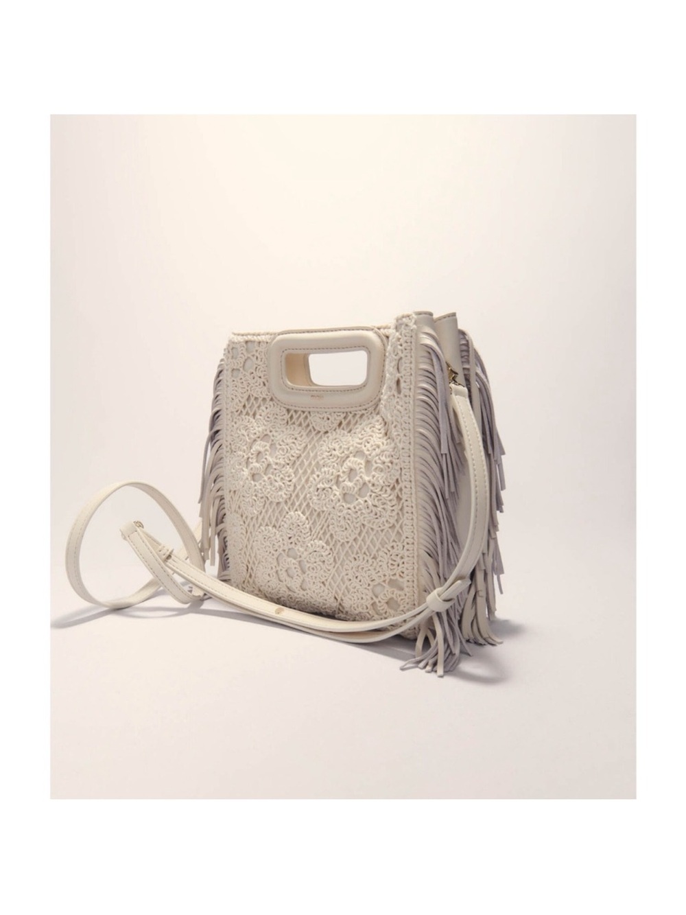 Maje Boho Crochet Fringe Crossbody Bag in Cream
